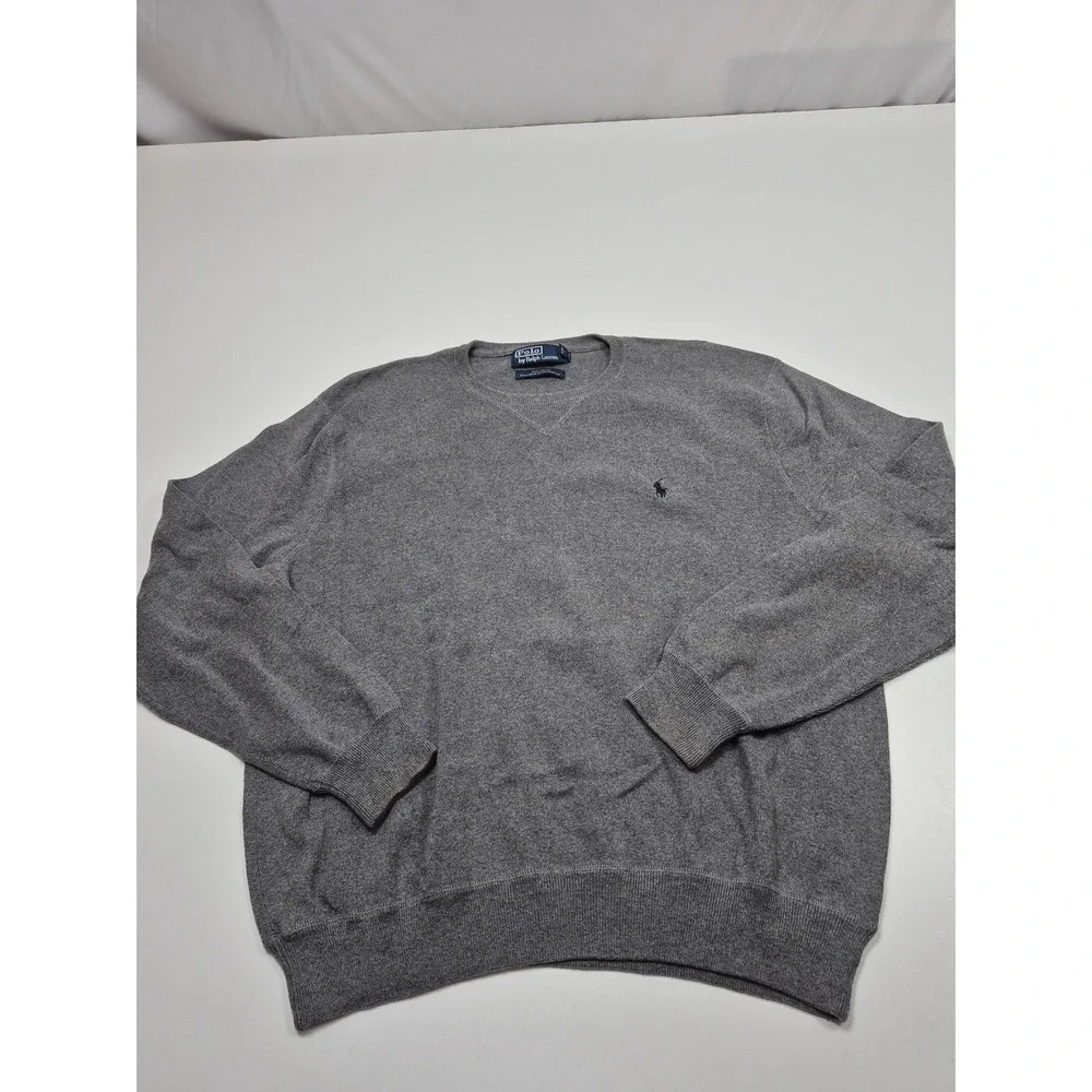 VTG Polo Ralph Lauren Sweater Men's XL Gray 100% Cotton Crewneck Knit Pullover